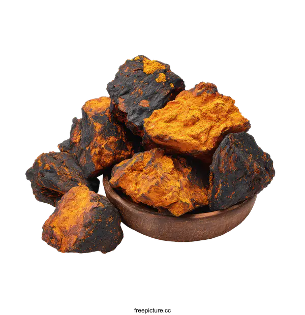 [Transparent Background PNG]Dried Chaga Mushroom Pieces in Wooden Bowl
