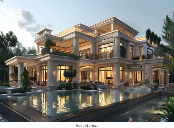 A magnificent mansion with a pool