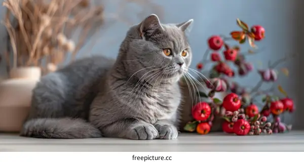 A gray cat is sitting next to a vase of red berries.