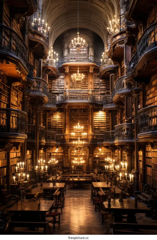 A library with a large number of books and a high ceiling