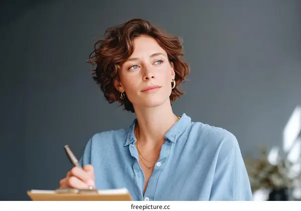 Thoughtful Woman Taking Notes on Clipboard