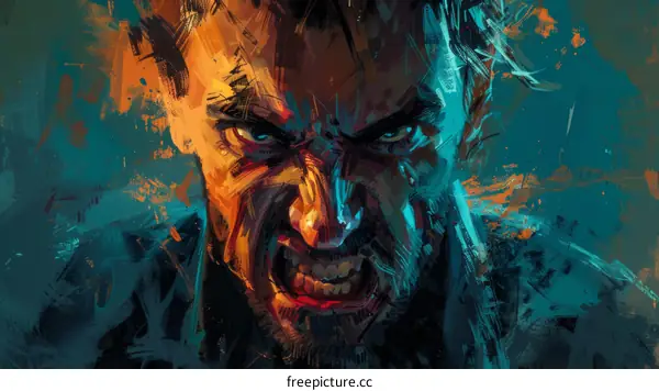man with yellow eyes and black hair with a beard snarling with an angry expression on his face