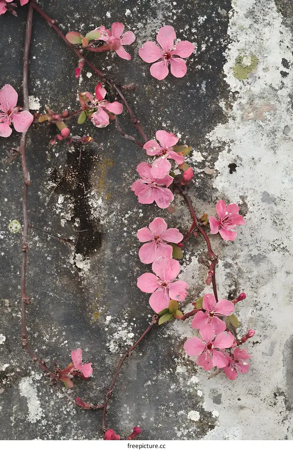 Pink Flowers Blooming On Concrete Wall
