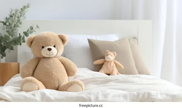 Two adorable teddy bears sitting on a bed