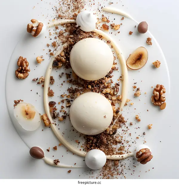 White chocolate dessert with nuts and chocolate sauce