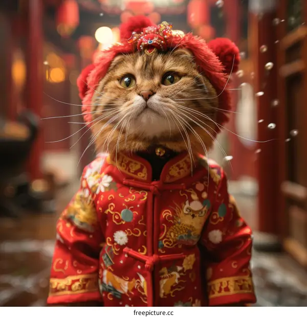 A cat wearing a traditional Chinese wedding dress is sitting on a red background.