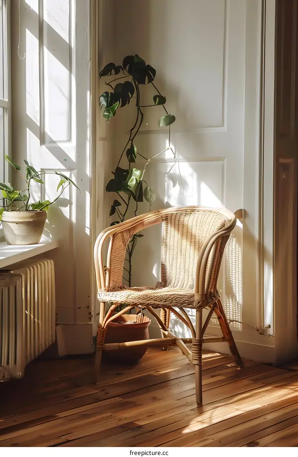 Rattan Chair in a Sunlit Corner of a Room