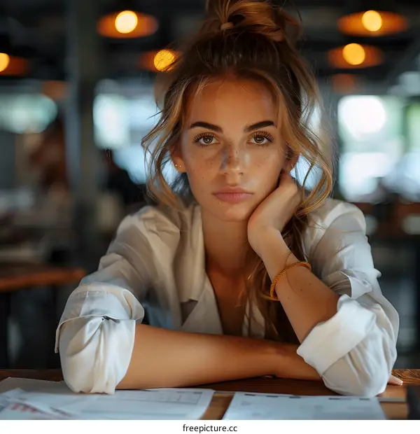 portrait of a young woman with freckles and brown hair wearing a white shirt