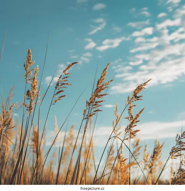 Tall Grass with Blue Sky and White Clouds