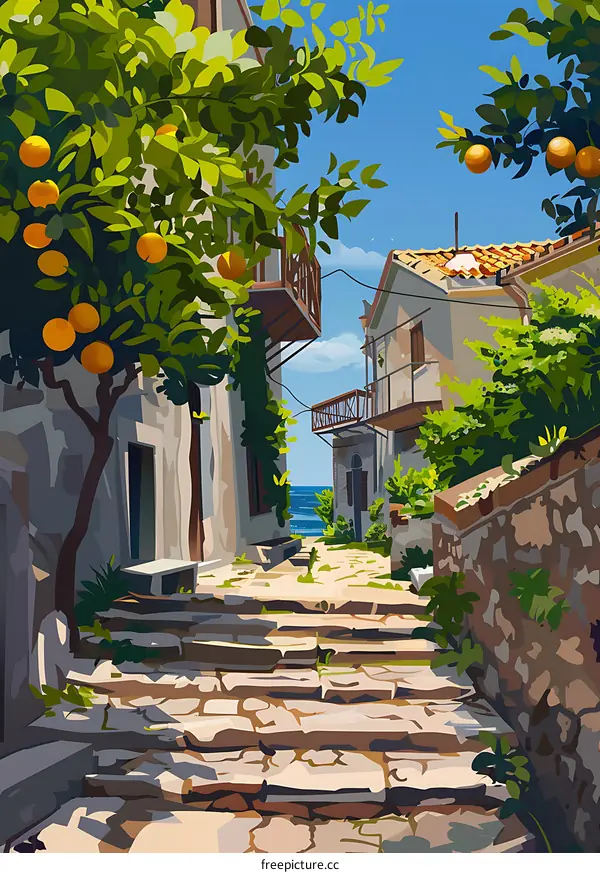 Stone Steps Leading to the Sea in a Sunny Mediterranean Village
