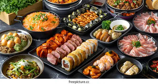 A table full of delicious food, including sushi, shrimp, and steak