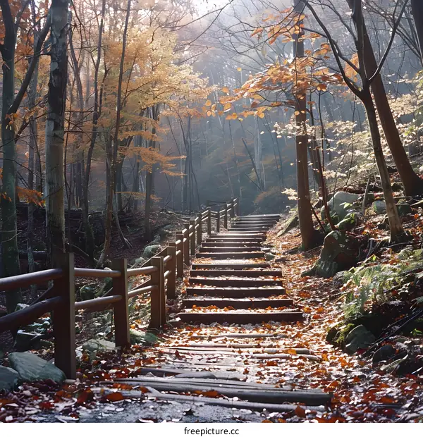 Wooden stairs going up through the colorful fall foliage of a forest
