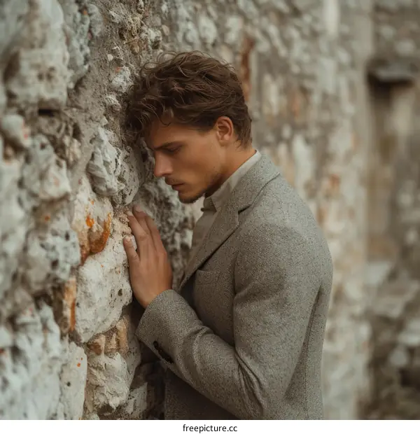 pensive young man leaning against stone wall