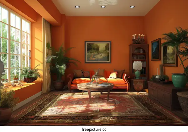 Living Room with Vibrant Orange Walls and a Expansive Window