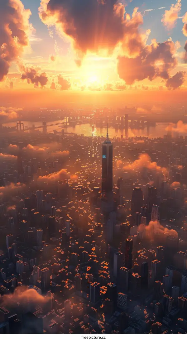 Futuristic City Skyline with Towering Skyscraper at Sunset