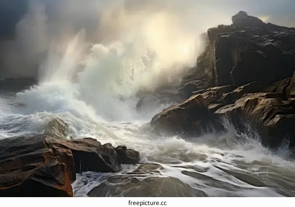Huge waves crash against a rocky coast
