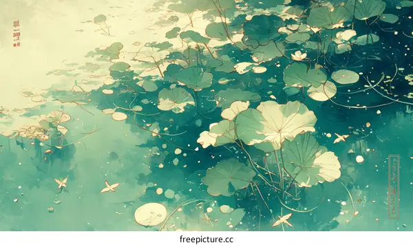 Green lotus leaves and white lotus flowers in the pond