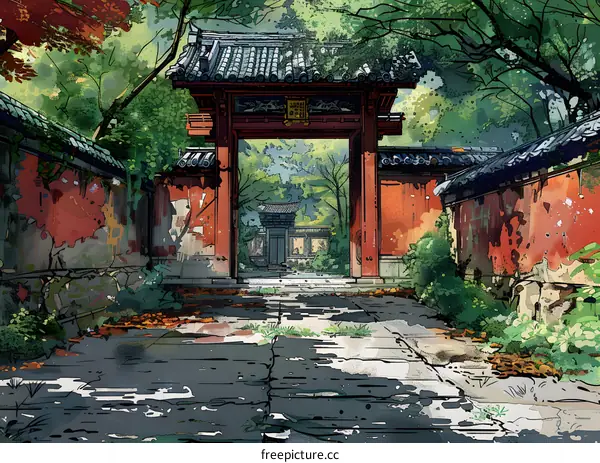 Illustration of a traditional Japanese temple gate with trees and a path leading to it