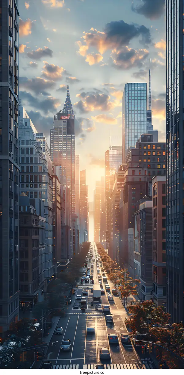 A long and wide road in the middle of a big city with many skyscrapers on both sides and cars driving on the road.