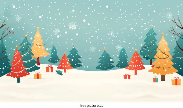 Snowy Christmas Landscape with Decorated Trees & Gifts