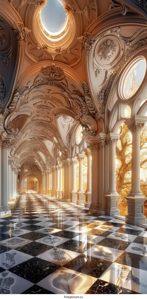 Ornate hall with marble floor and large windows