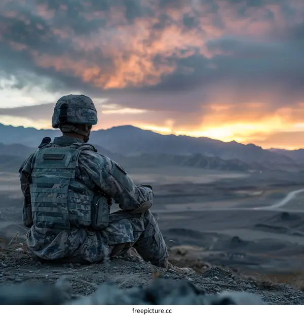 Soldier sits on a hill and gazes at the sunset in Afghanistan
