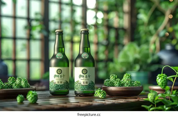 Two green bottles of beer on a wooden table with green hops