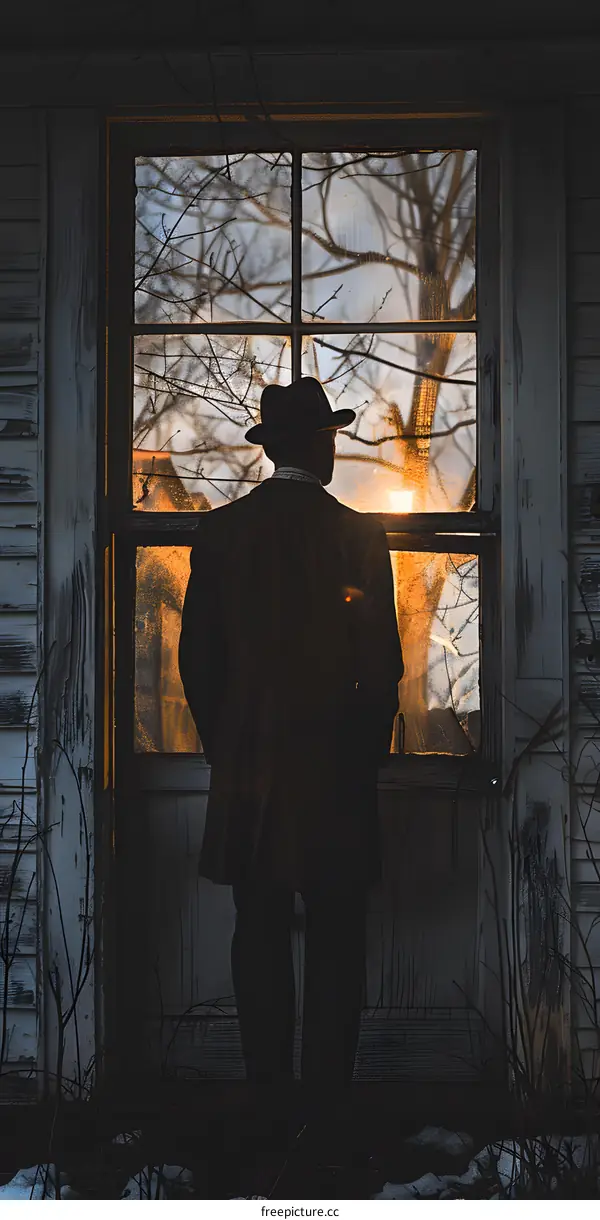 Silhouette of Man Looking Out Window of Old House