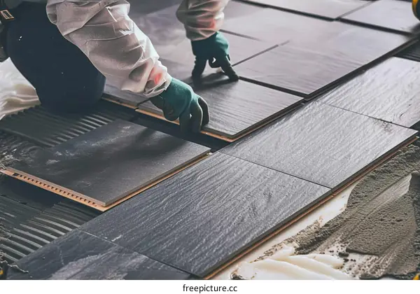 construction worker installing ceramic tiles on the floor