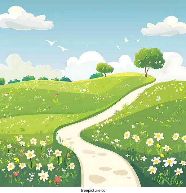 Spring Meadow Path with Blooming Flowers and Lush Green Grass