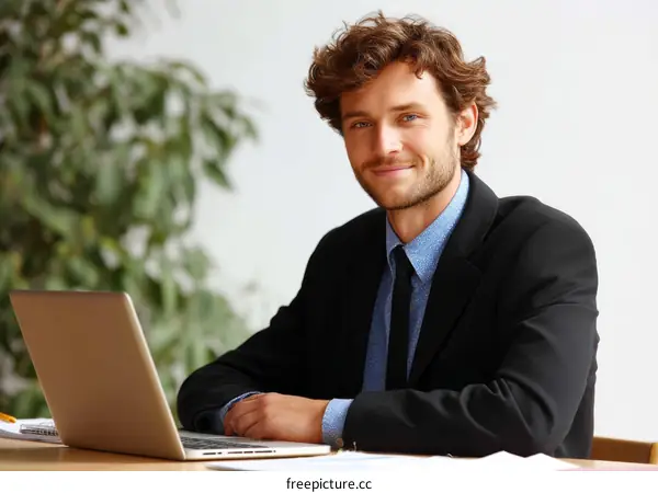 Businessman Working on Laptop in Office Setting