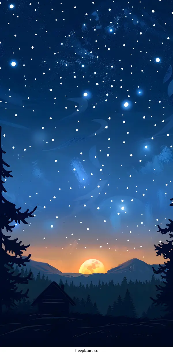 Night Sky with Stars and a Full Moon Over a Cabin in the Woods