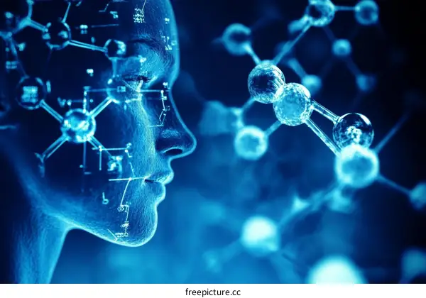 Artificial intelligence face with molecular structure background