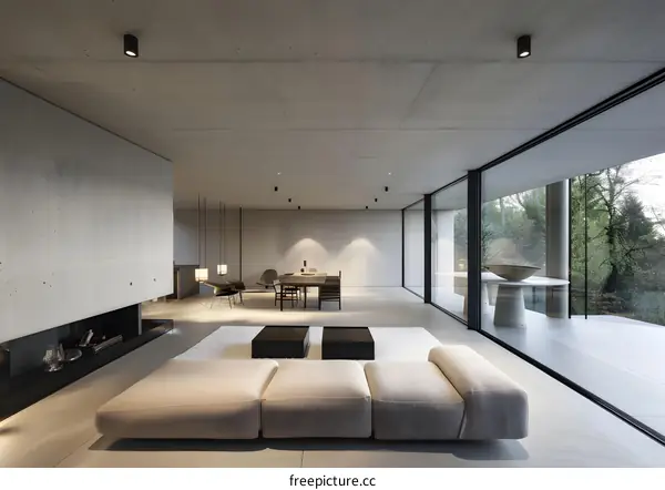 Modern Interior Design Living Room with Concrete Walls and Large Windows