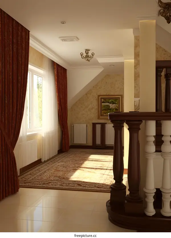 Interior Design of a Luxurious Hallway with Wooden Railing