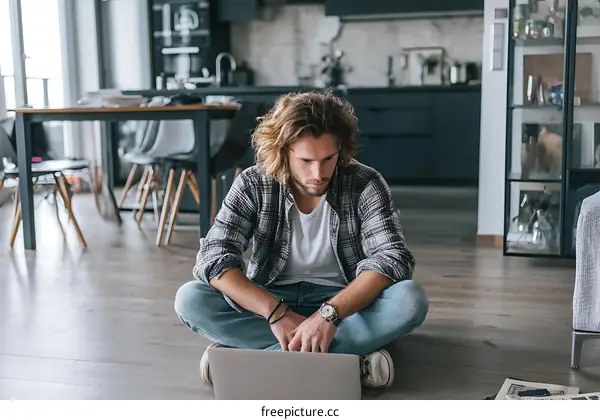 Young Man Working on Laptop in Modern Home
