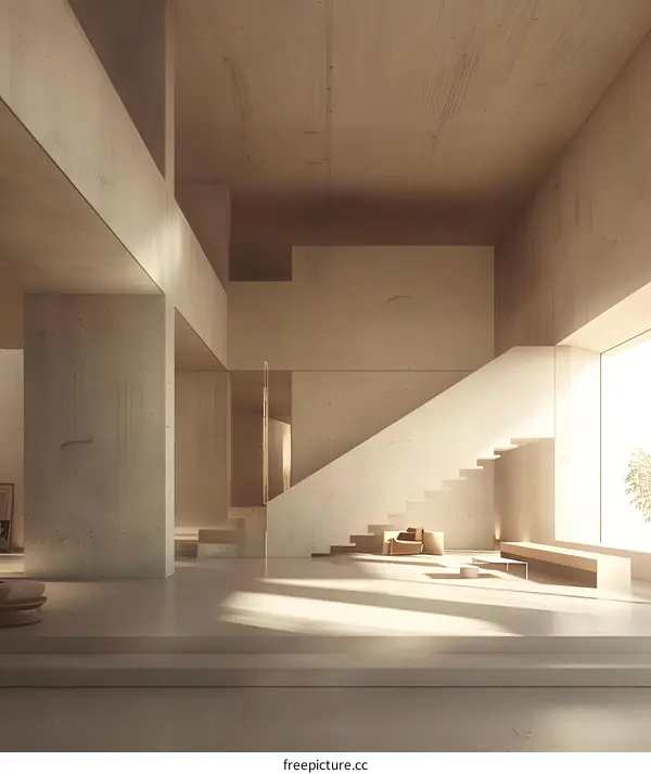 Minimalist Concrete Interior Design With Stairs And Sunlight