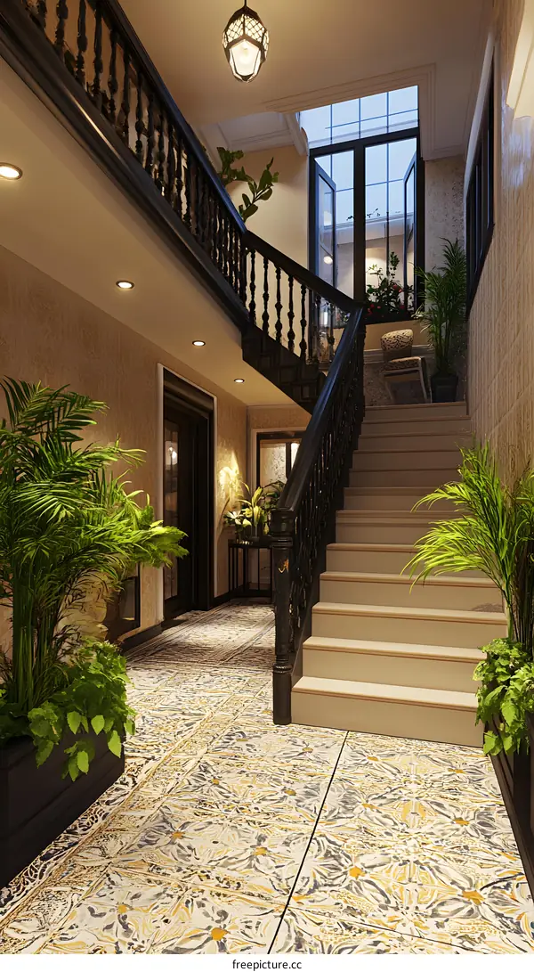 Interior Design of Staircase With Ornate Tile Floor