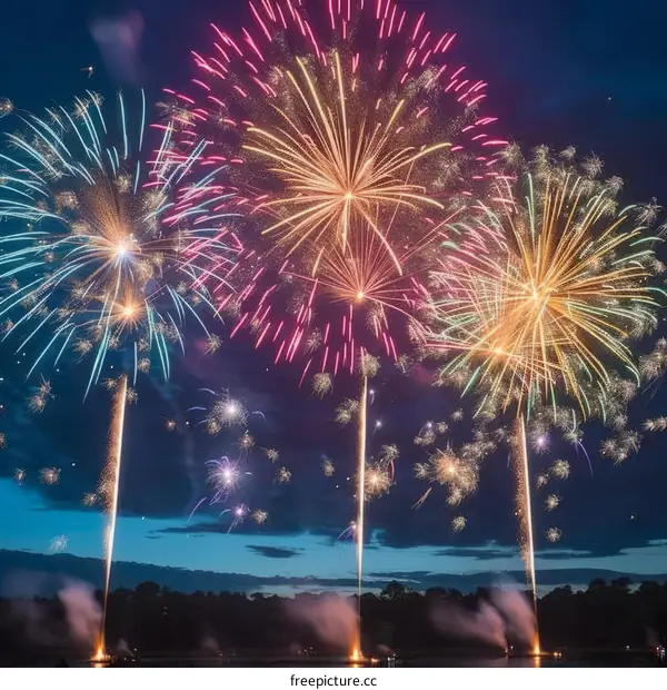 Fireworks light up the night sky over a lake