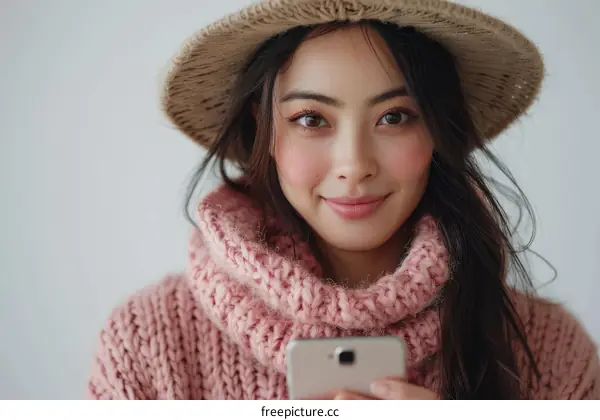 Asian Woman in Knitted Sweater and Hat with Mobile Phone