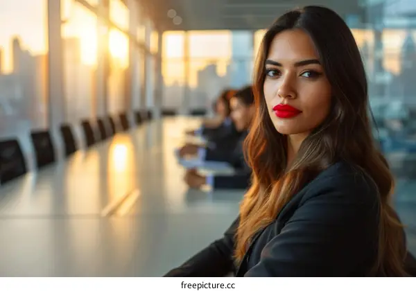 Portrait of a young businesswoman sitting in a conference room with a group of people in the background