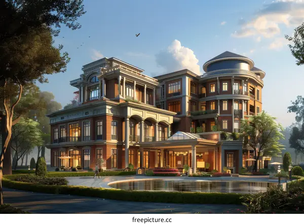 Luxury Mansion Exterior in a Lush Garden Setting