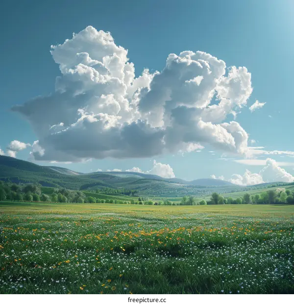 Tranquil Green Meadow Landscape with White Clouds