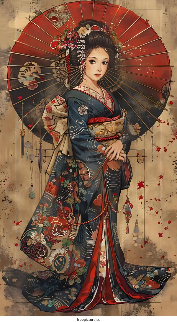 Japanese Woman in Traditional Kimono Holding a Red Umbrella