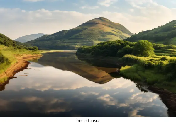 The sun sets over a calm lake, casting a golden reflection on the water