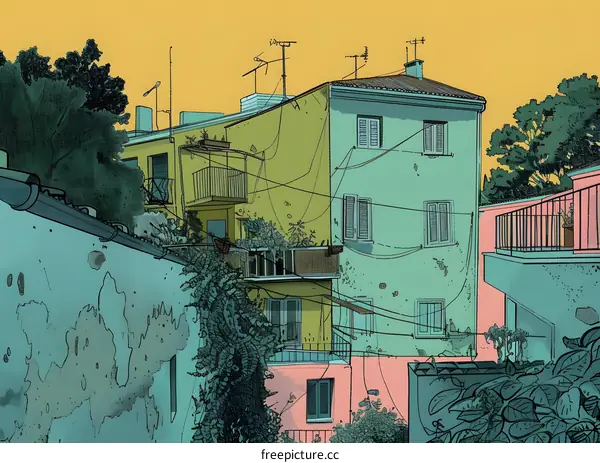 Colorful Illustration Of Old Building With Windows and Balconies