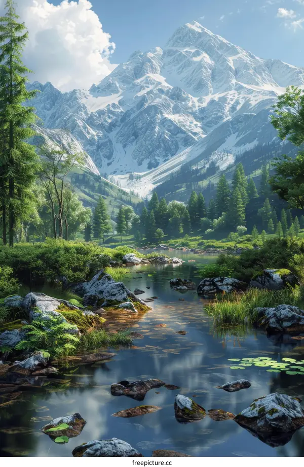 Breathtaking Mountain Vista with Serene River and Verdant Trees