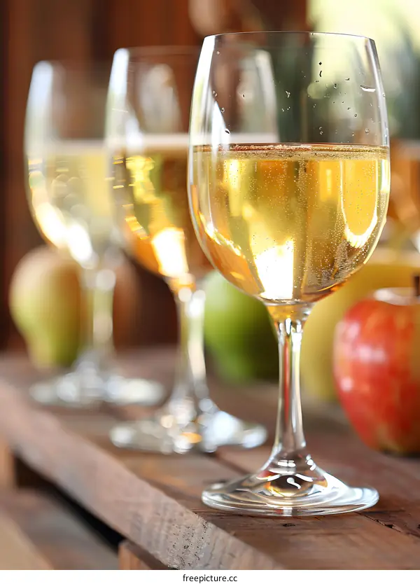 Sparkling Apple Cider in Glasses on Wooden Crate