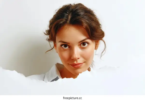 Woman Peeking Through Ripped Paper