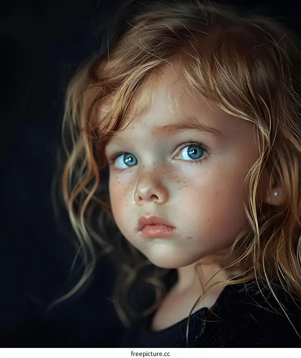 Portrait of a Little Girl with Blue Eyes and Freckles